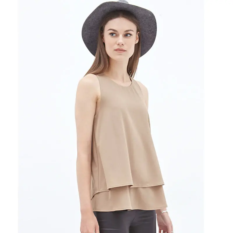 Women Slit Double Bottom Sleeveless Shirt Doll Chiffon Blouse Tops 2