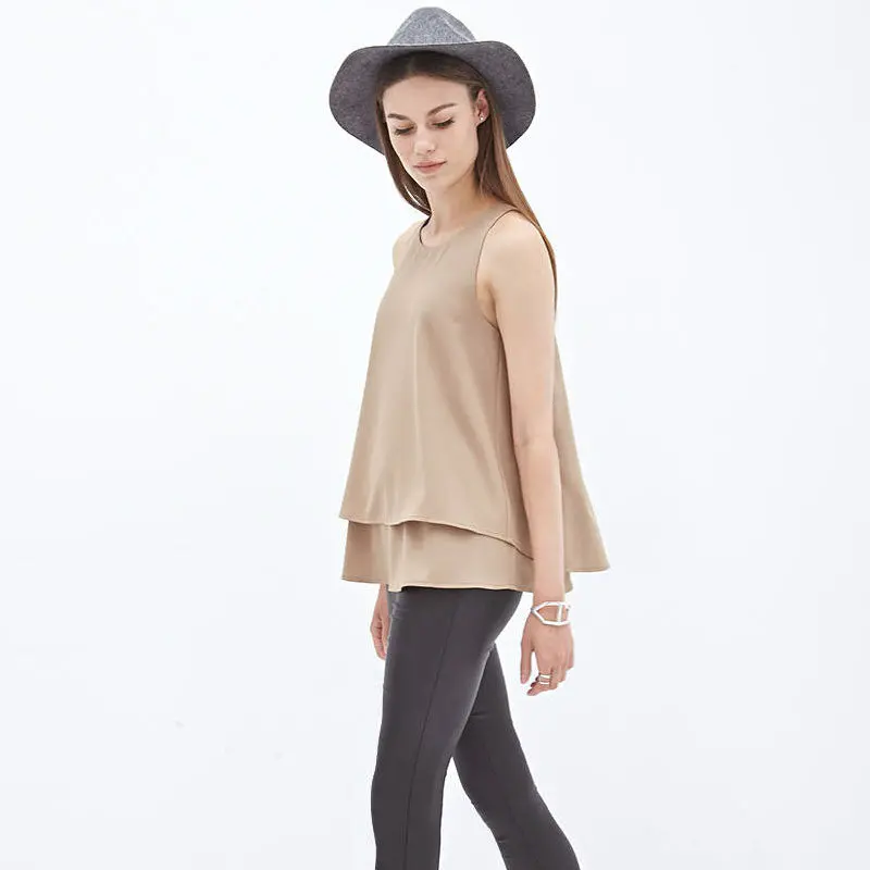 Women Slit Double Bottom Sleeveless Shirt Doll Chiffon Blouse Tops 3
