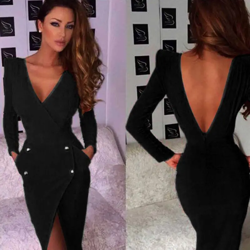Women Solid Color Backless Long Sleeve Cross Hem Bodycon Slim Dress Autum Sexy Black Red Dress1stl 5
