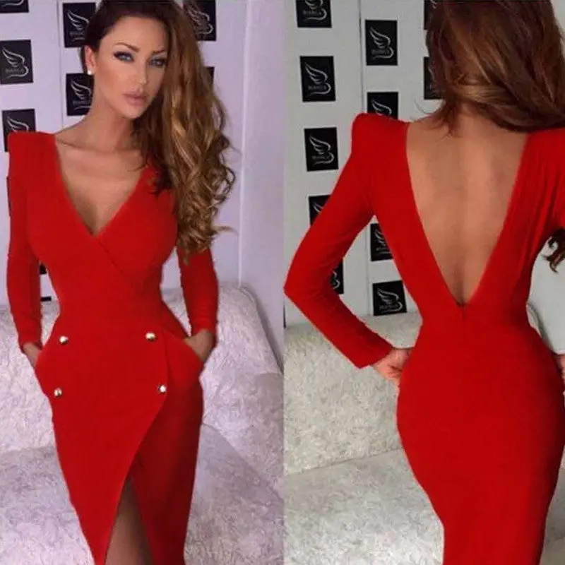 Women Solid Color Backless Long Sleeve Cross Hem Bodycon Slim Dress Autum Sexy Black Red Dress1stl 6