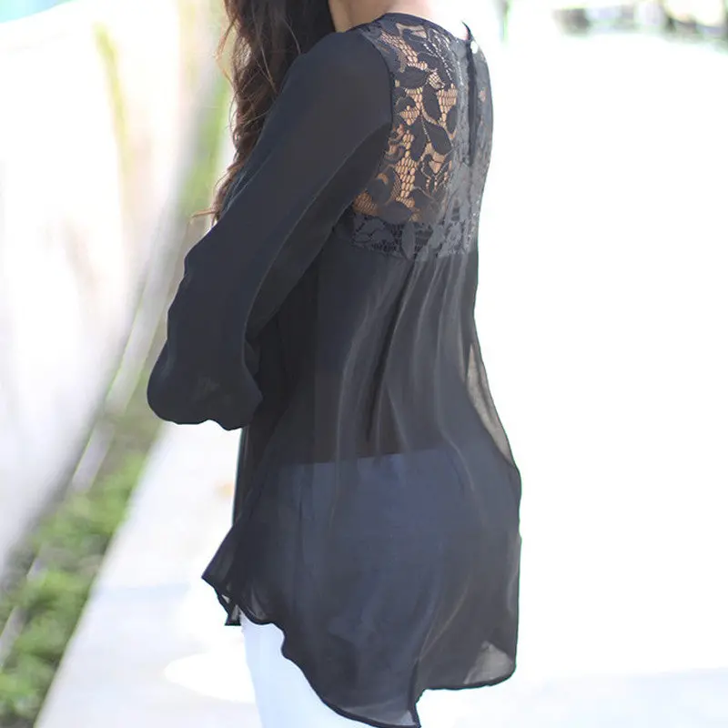 Women Solid Color Chiffon Blouse Shirts O-Neck Long Sleeve Button Lace Chiffon Shirts Blusas Casual Loose Blouses M0405 3