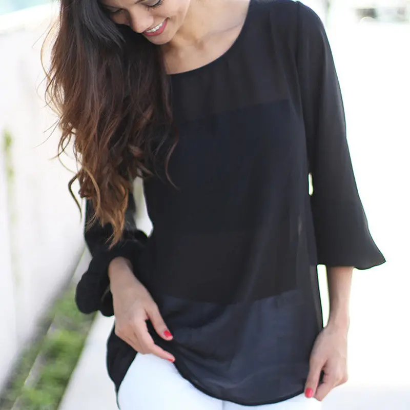 Women Solid Color Chiffon Blouse Shirts O-Neck Long Sleeve Button Lace Chiffon Shirts Blusas Casual Loose Blouses M0405 5
