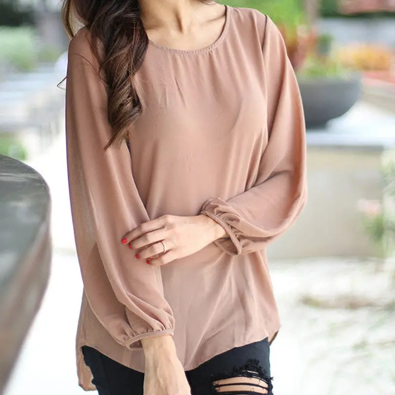 Women Solid Color Chiffon Blouse Shirts O-Neck Long Sleeve Button Lace Chiffon Shirts Blusas Casual Loose Blouses M0405 6