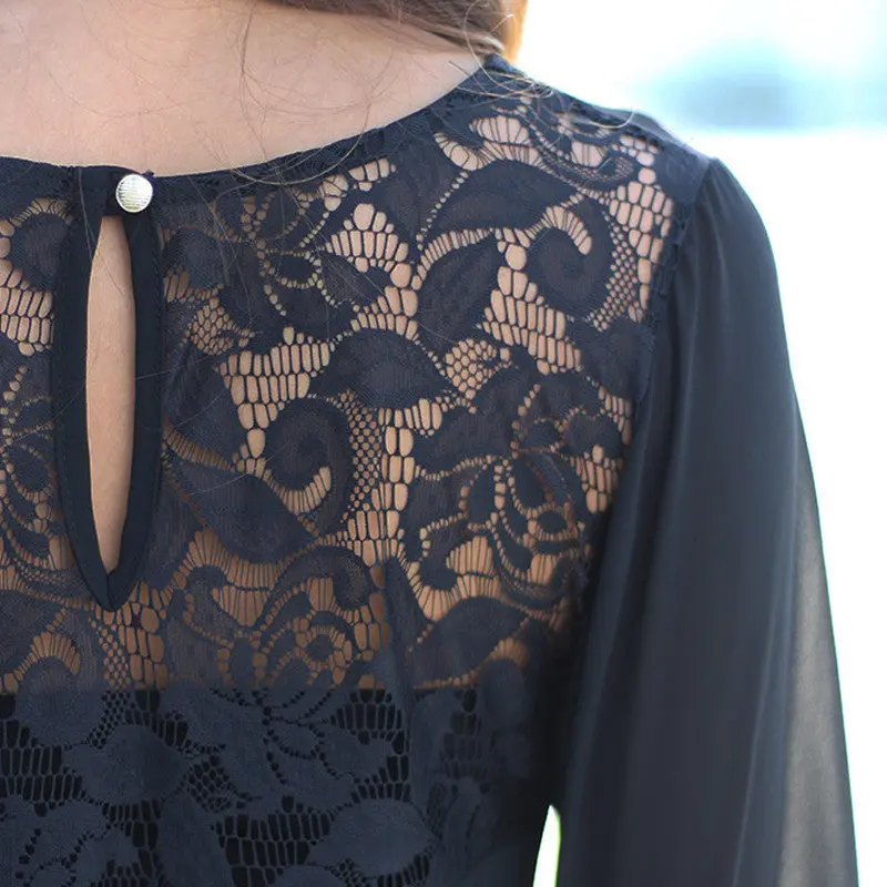 Women Solid Color Chiffon Blouse Shirts O-Neck Long Sleeve Button Lace Chiffon Shirts Blusas Casual Loose Blouses M0405 6