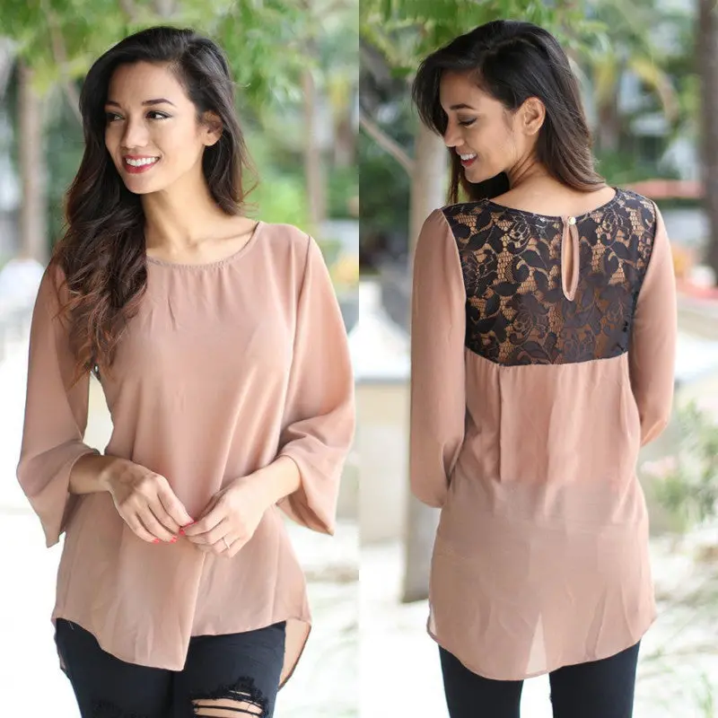 Women Solid Color Chiffon Blouse Shirts O-Neck Long Sleeve Button Lace Chiffon Shirts Blusas Casual Loose Blouses M0405 7