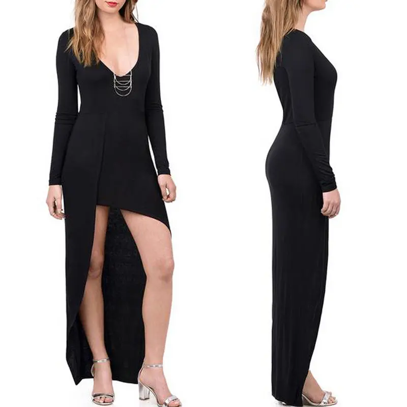 Women Solid Deep V-Neck Long Sleeve Cross Hem Front-Shorter Dress 1