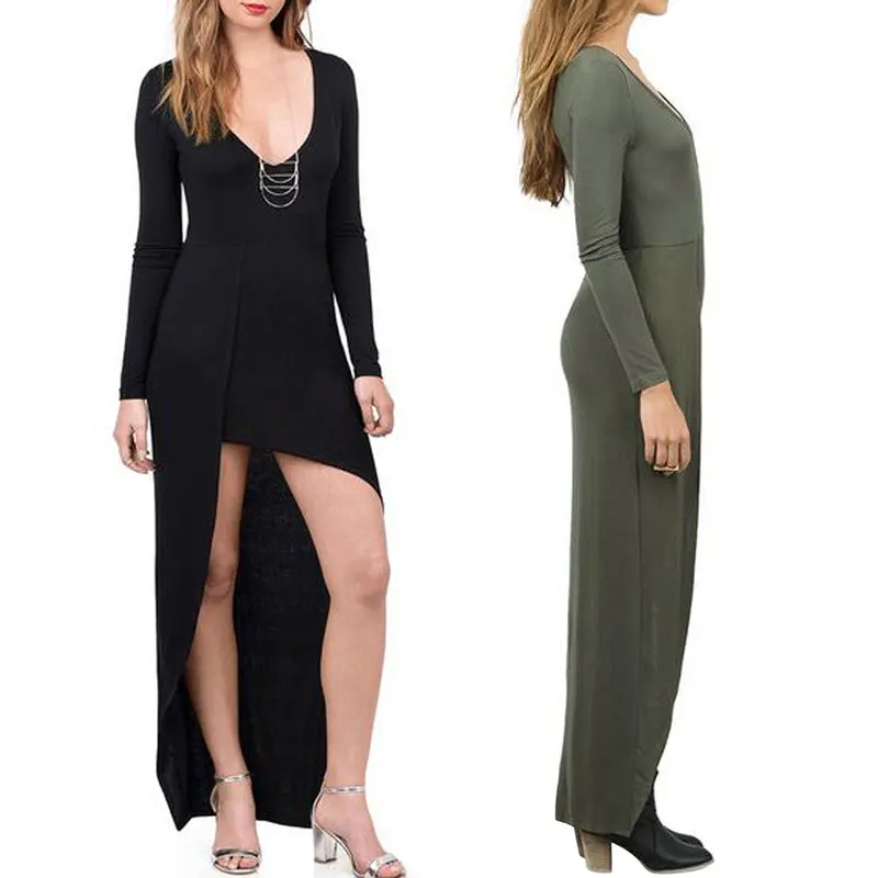 Women Solid Deep V-Neck Long Sleeve Cross Hem Front-Shorter Dress 3