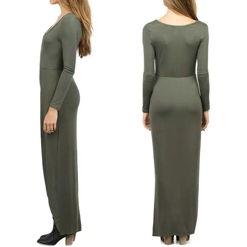 Women Solid Deep V-Neck Long Sleeve Cross Hem Front-Shorter Dress 4
