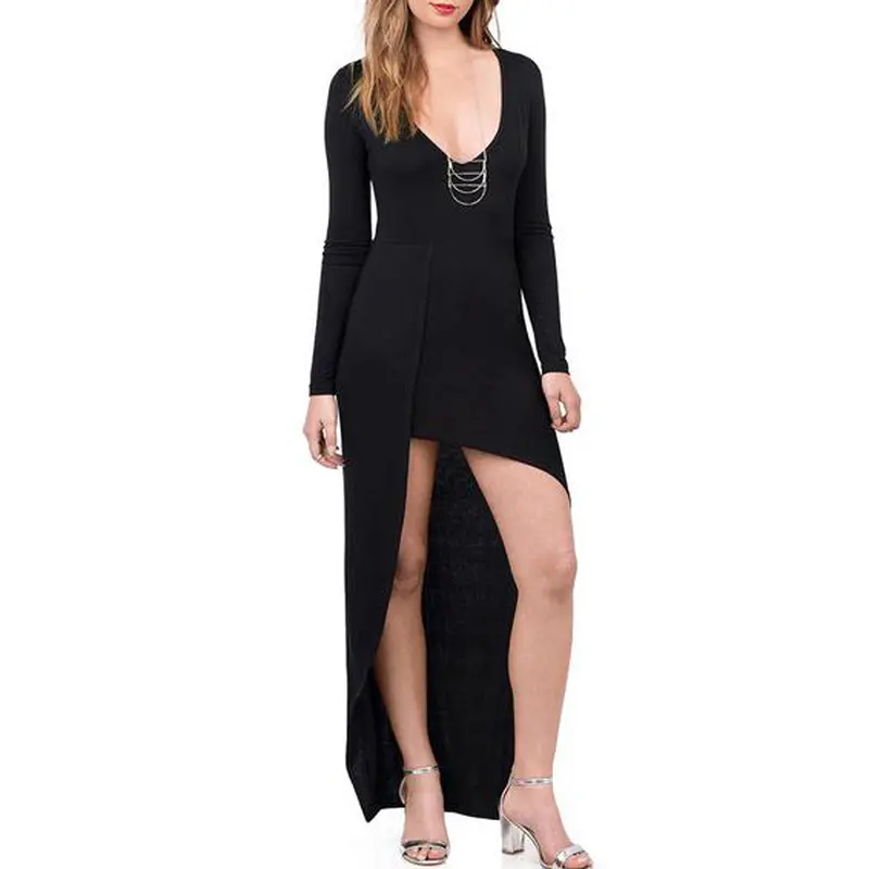 Women Solid Deep V-Neck Long Sleeve Cross Hem Front-Shorter Dress 4