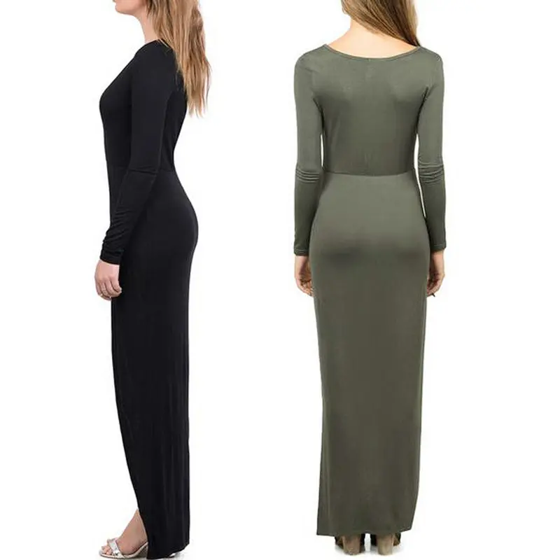 Women Solid Deep V-Neck Long Sleeve Cross Hem Front-Shorter Dress 5