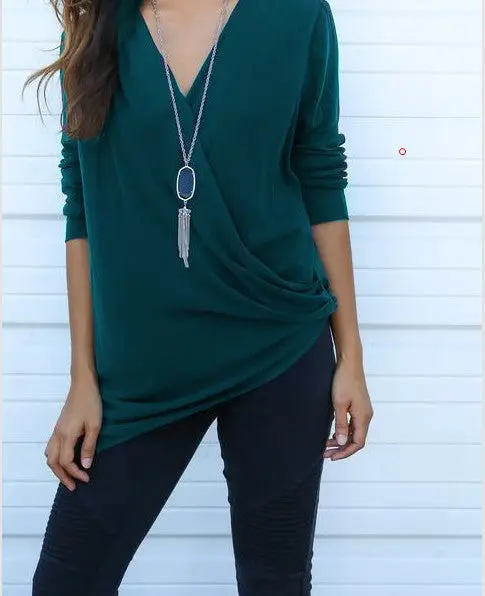 Women Solid Shirt Tops Femme Casual V Neck Long Sleeve Tee Shirt Irregular Hem Loose Lady T-Shirts Top M0402 5
