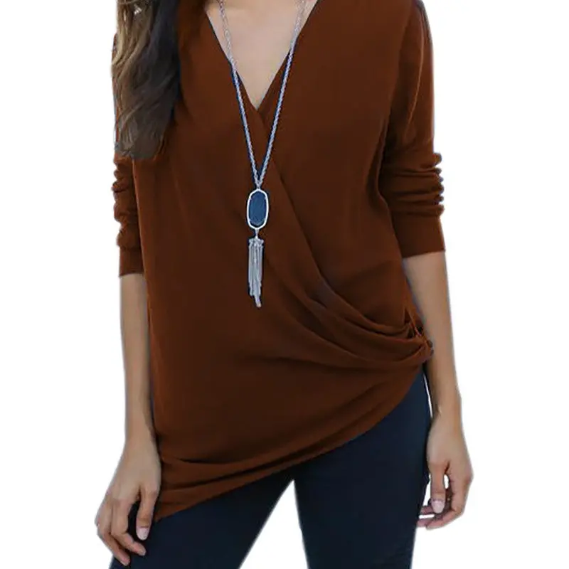 Women Solid Shirt Tops Femme Casual V Neck Long Sleeve Tee Shirt Irregular Hem Loose Lady T-Shirts Top M0402 5