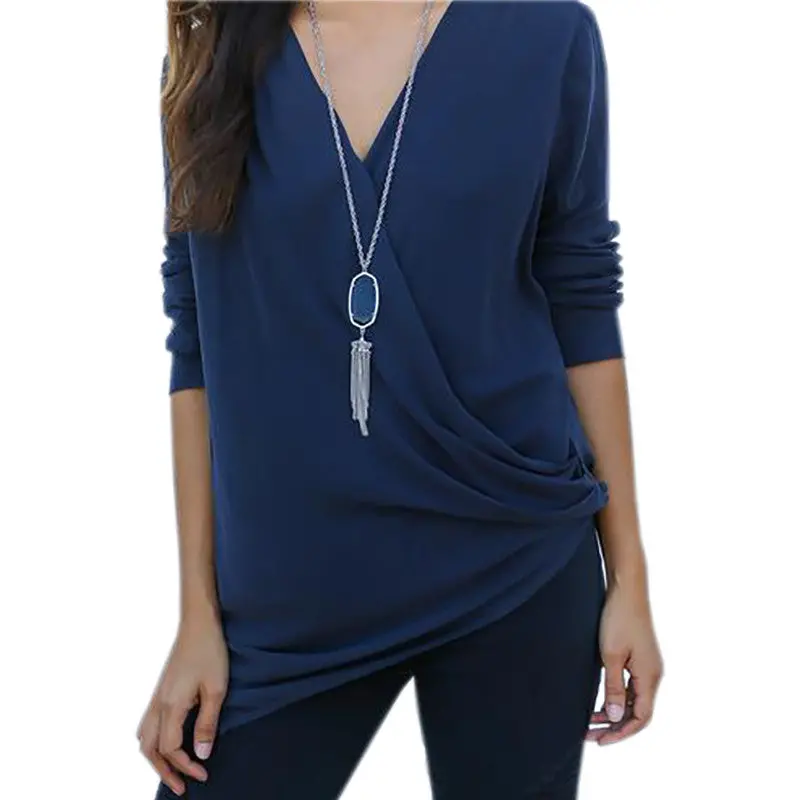 Women Solid Shirt Tops Femme Casual V Neck Long Sleeve Tee Shirt Irregular Hem Loose Lady T-Shirts Top M0402 6