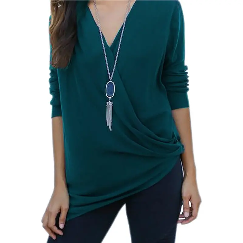 Women Solid Shirt Tops Femme Casual V Neck Long Sleeve Tee Shirt Irregular Hem Loose Lady T-Shirts Top M0402 7