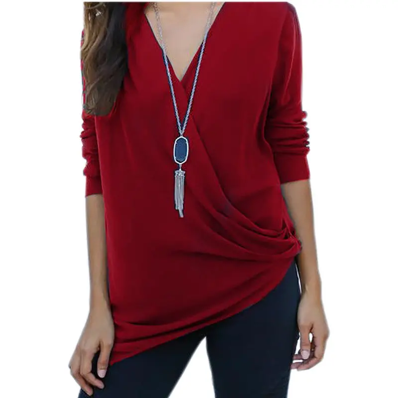 Women Solid Shirt Tops Femme Casual V Neck Long Sleeve Tee Shirt Irregular Hem Loose Lady T-Shirts Top M0402 8