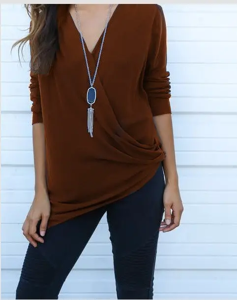 Women Solid Shirt Tops Femme Casual V Neck Long Sleeve Tee Shirt Irregular Hem Loose Lady T-Shirts Top M0402 9