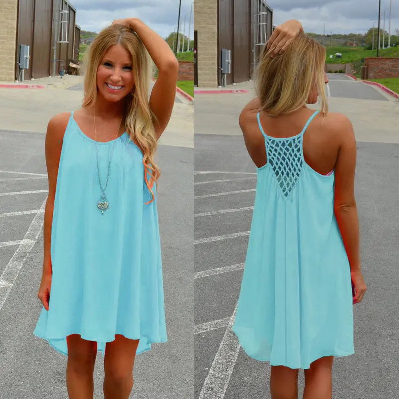 Women Spaghetti Strap Back Howllow Out Chiffon Short Dress Beach Vestidos Plus Size Party Dresses Feida 1