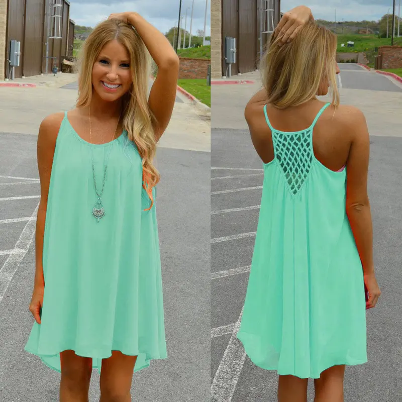 Women Spaghetti Strap Back Howllow Out Chiffon Short Dress Beach Vestidos Plus Size Party Dresses Feida 5
