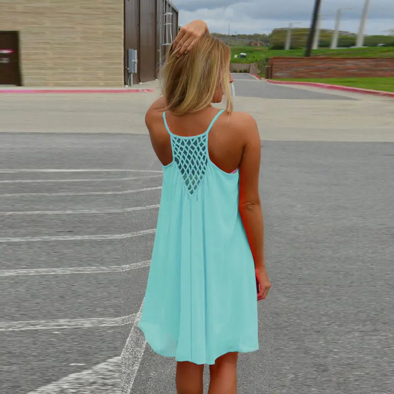 Women Spaghetti Strap Back Howllow Out Chiffon Short Dress Beach Vestidos Plus Size Party Dresses Feida 5