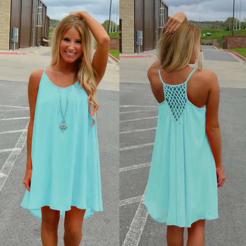 Women Spaghetti Strap Back Howllow Out Chiffon Short Dress Beach Vestidos Plus Size Party Dresses Feida 6