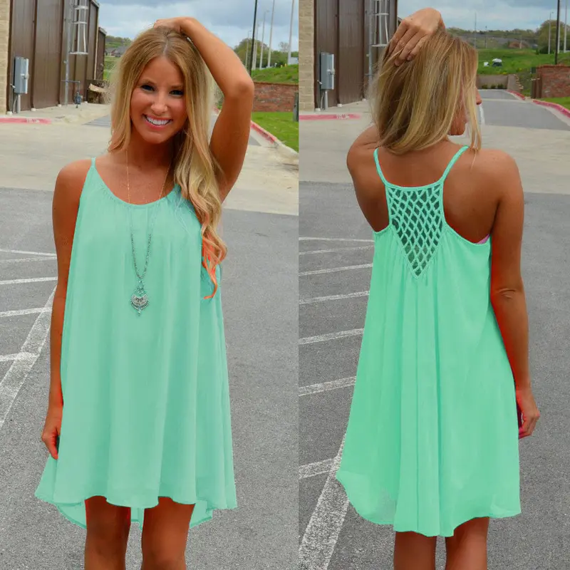 Women Spaghetti Strap Back Howllow Out Chiffon Short Dress Beach Vestidos Plus Size Party Dresses Feida 7