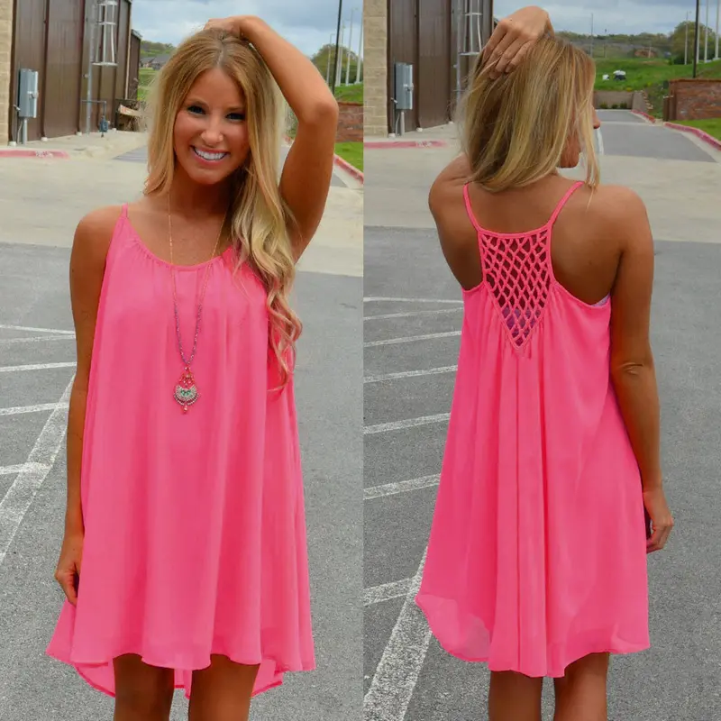 Women Spaghetti Strap Back Howllow Out Chiffon Short Dress Beach Vestidos Plus Size Party Dresses Feida 8