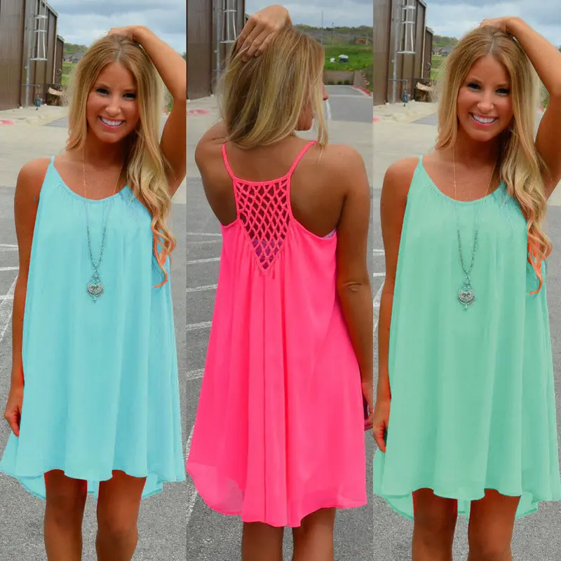 Women Spaghetti Strap Back Howllow Out Chiffon Short Dress Beach Vestidos Plus Size Party Dresses Feida 9