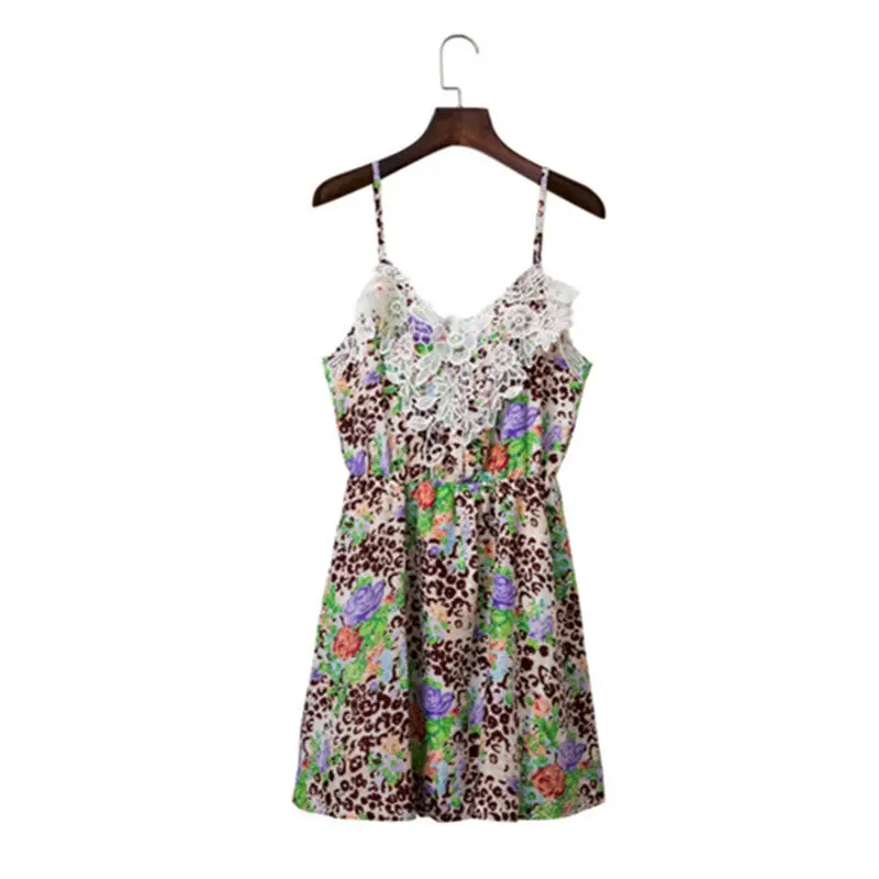 Women Spliced Lace Floral Print Backless Dress Leopard V Neck Spaghetti Strap Dresses Contrast Color Sling Dresses 1