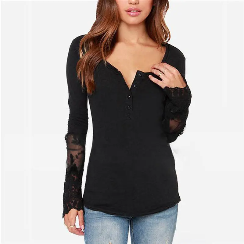 Women Splicing Long Sleeve Lace Loose Blouse Black Size S M L Xl &S 1
