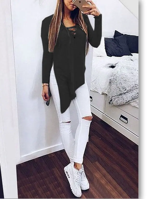 Women Split Blusas Sexy V Neck Irregular Hem Blouses Shirts Ladies Casual Loose Solid Long Sleeve Blouse 5 Colors Gv429 1