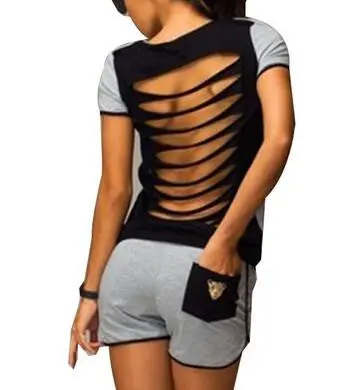 Women Sport Suit Sexy T-Shirt Suit Hollow Out Sexy Sport Suits Women Jumpsuits Women Top + Shorts Black Gray M0318 1