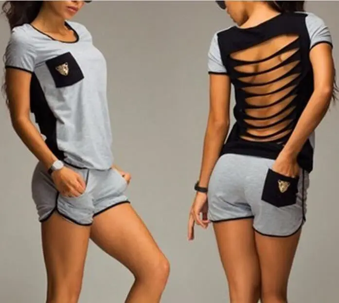 Women Sport Suit Sexy T-Shirt Suit Hollow Out Sexy Sport Suits Women Jumpsuits Women Top + Shorts Black Gray M0318 2