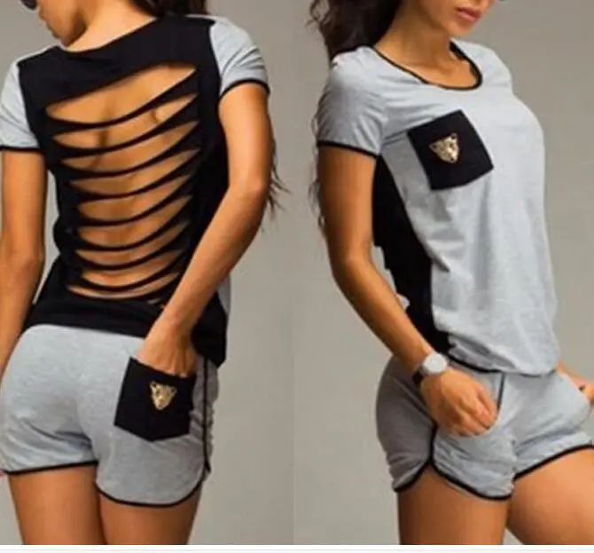 Women Sport Suit Sexy T-Shirt Suit Hollow Out Sexy Sport Suits Women Jumpsuits Women Top + Shorts Black Gray M0318 3