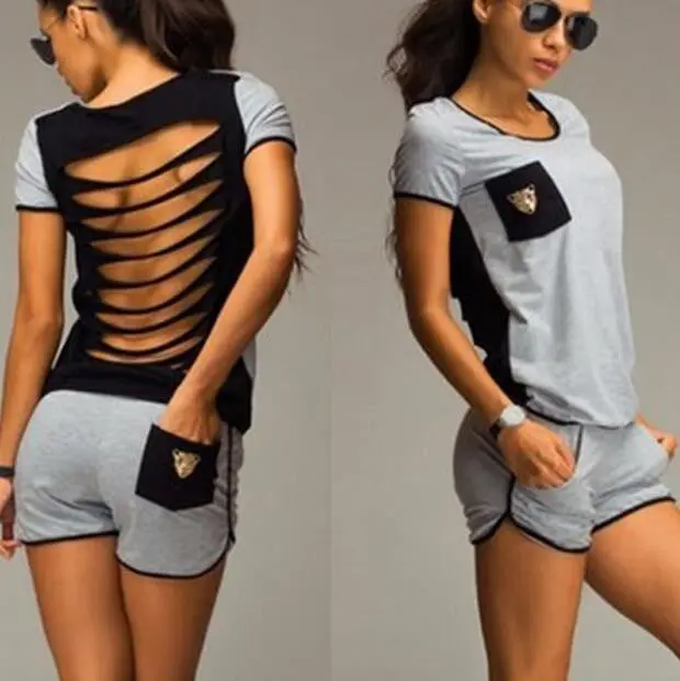 Women Sport Suit Sexy T-Shirt Suit Hollow Out Sexy Sport Suits Women Jumpsuits Women Top + Shorts Black Gray M0318 4
