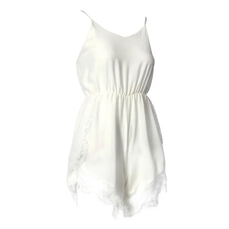 Women Strap Sleeveless Chiffon Lace V-Neck Jumpsuit&Rompers Black White 4