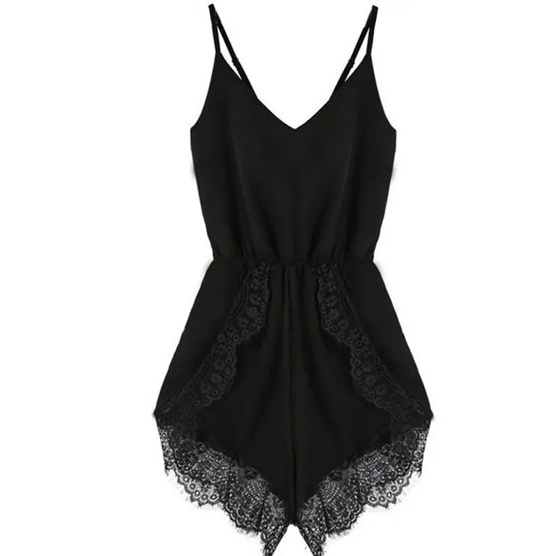 Women Strap Sleeveless Chiffon Lace V-Neck Jumpsuit&Rompers Black White 6