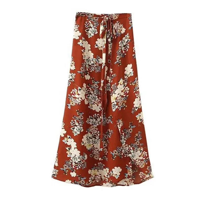 Women Stream Bow Waist Floral Print Skirt Women High Waist Chiffon Maxi Skirt Asymmetrical Hem Femme Orange S M L 1