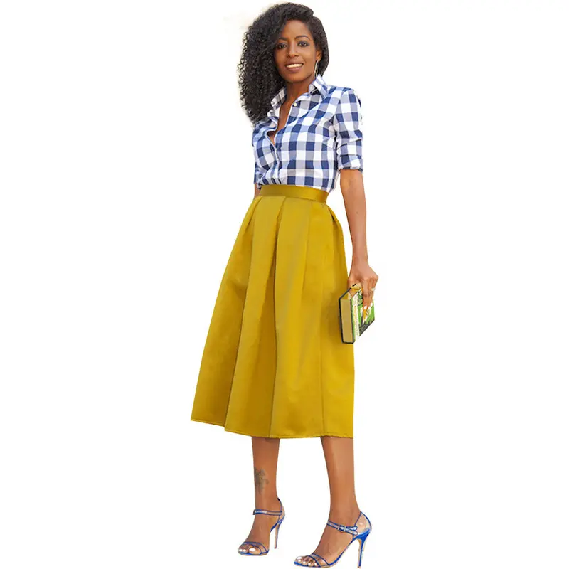 Women Stretch High Waist Skater Flared Pleated Swing Long Skirt 1