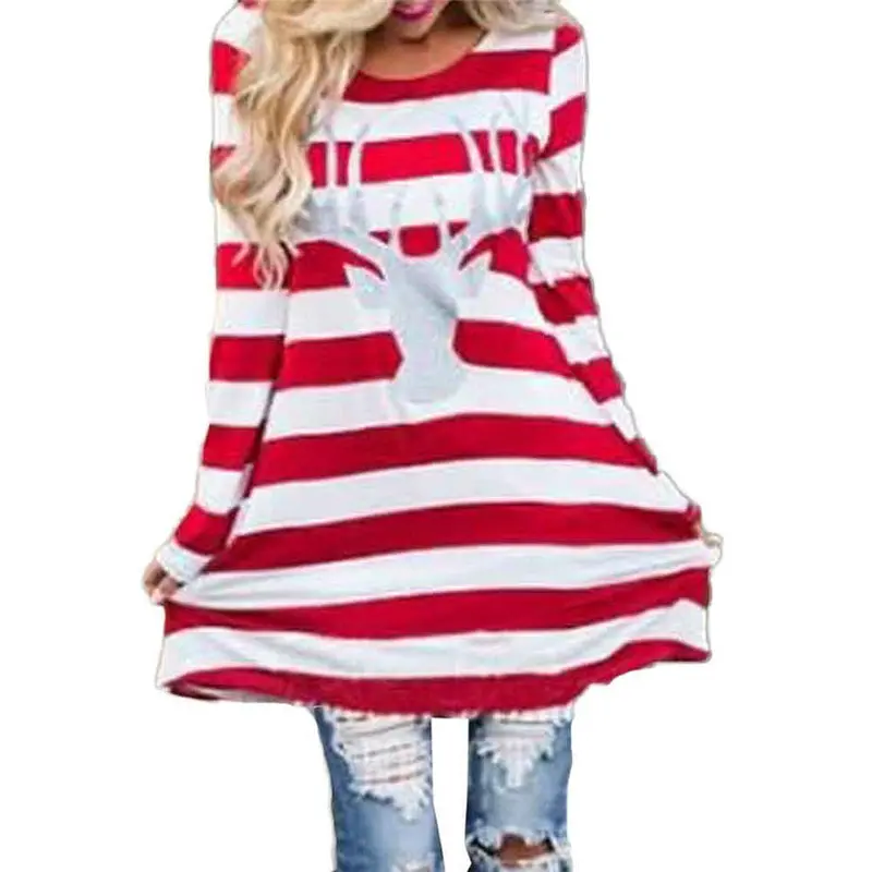 Women Stripe Dress Round Collar Christmas Dress Elk Long Sleeve Casual Dress Fast Shipping Feida 1