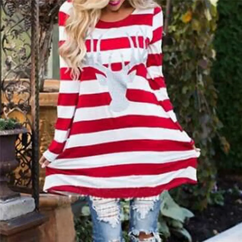 Women Stripe Dress Round Collar Christmas Dress Elk Long Sleeve Casual Dress Fast Shipping Feida 4