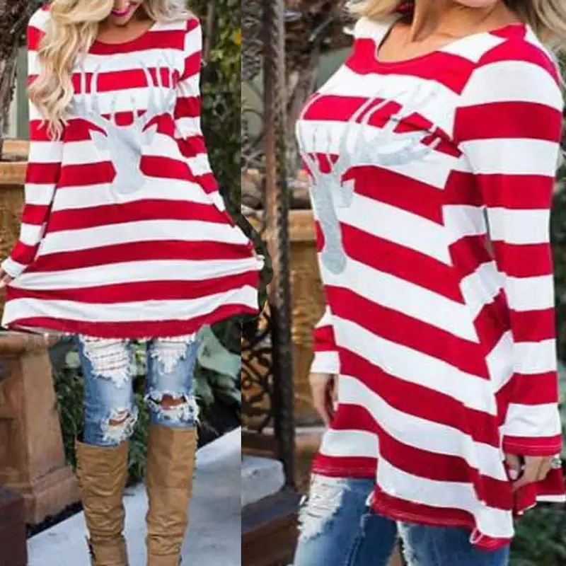 Women Stripe Red Dress Round Collar Christmas Elk Long Sleeve Casual Dress Fast Shipping Feida 1
