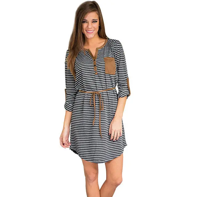 Women Striped Retro Vintage Dress V-Neck Long Sleeve Pocket Patckwork Mini Casual Dresses With Belt M0130 2