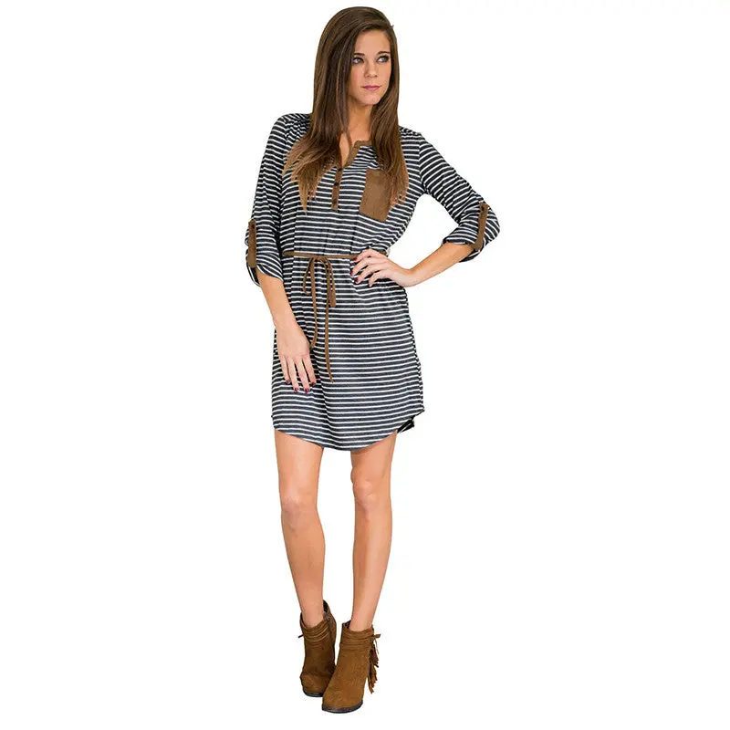 Women Striped Retro Vintage Dress V-Neck Long Sleeve Pocket Patckwork Mini Casual Dresses With Belt M0130 3