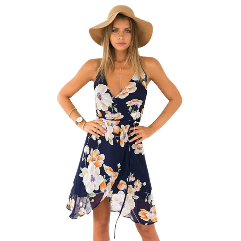 Women Style Shift Dresses Beautiful Black Sleeveless Floral Print V Neck Chiffon Short Dress Vestidos 2
