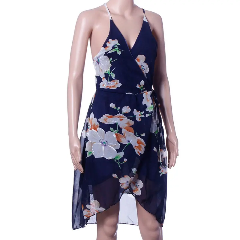 Women Style Shift Dresses Beautiful Black Sleeveless Floral Print V Neck Chiffon Short Dress Vestidos 3