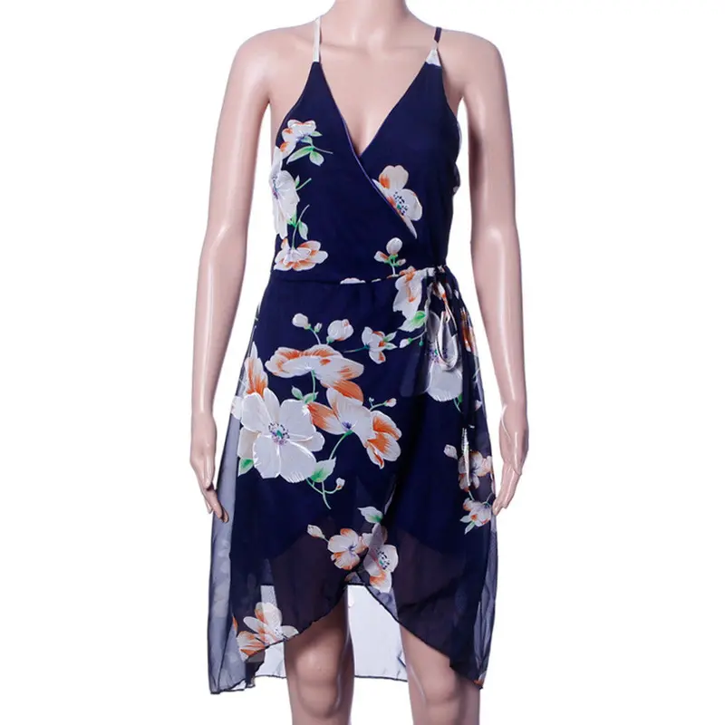 Women Style Shift Dresses Beautiful Black Sleeveless Floral Print V Neck Chiffon Short Dress Vestidos 4