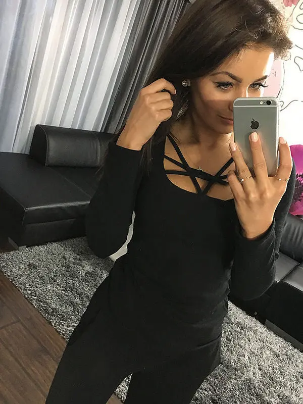 Women T Shirt Casual Long Sleeve Hollow Out Spaghetti Strap Slim Long Sleeve Tops Tees Bandage T Shirts Top Femme Gv399 1
