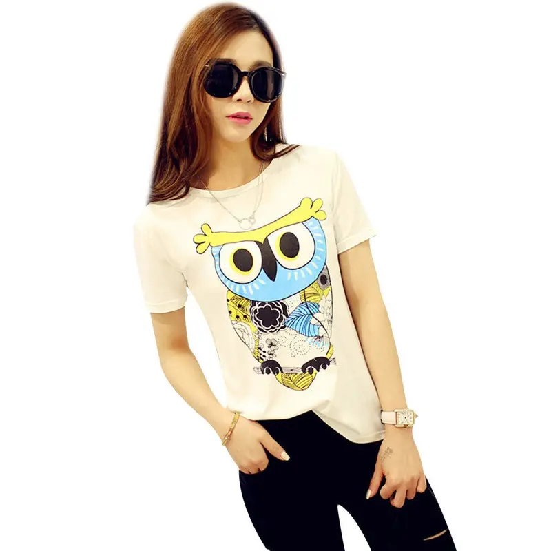 Women T-Shirt Tops Crops For Owl Printing Round Neck Loose Short Sleeve Ladies Casual T-Shirt 1