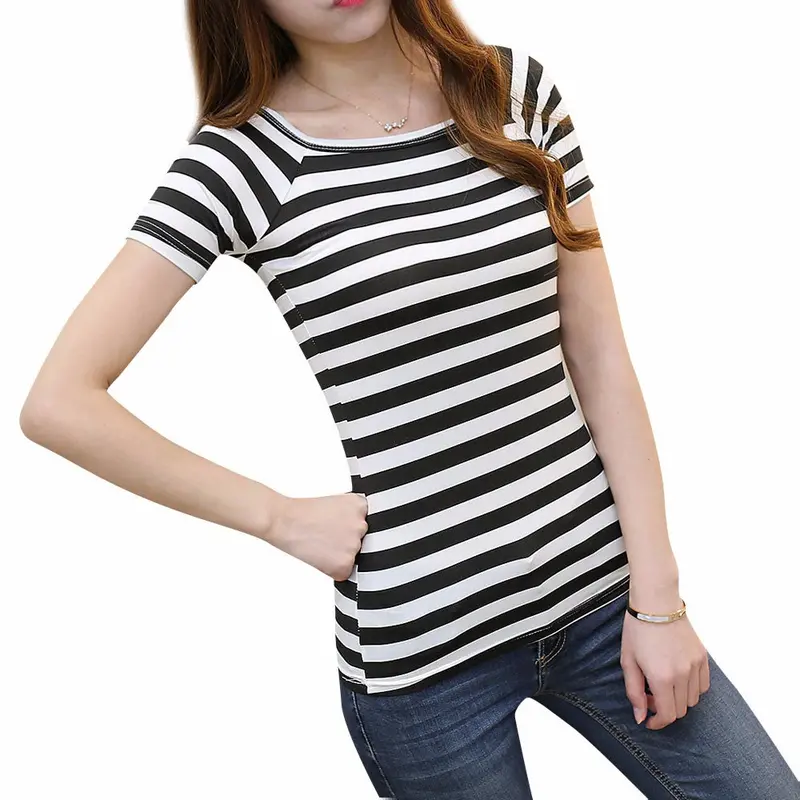 Women T-Shirt Tops Crops For Stripe O-Neck Loose Short Sleeve Ladies Casual Letter Print Cotton T-Shirt 1