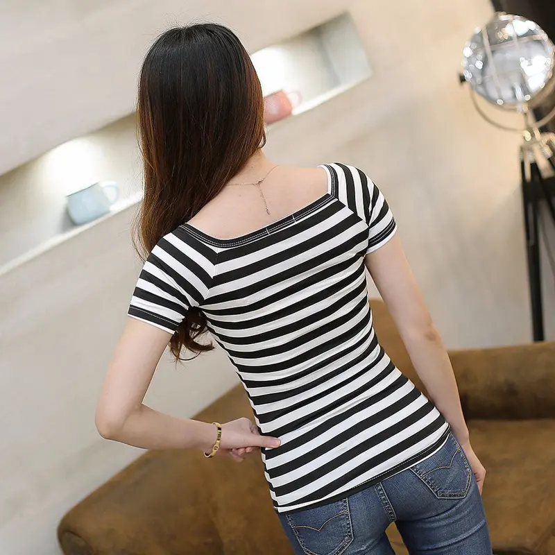 Women T-Shirt Tops Crops For Stripe O-Neck Loose Short Sleeve Ladies Casual Letter Print Cotton T-Shirt 4